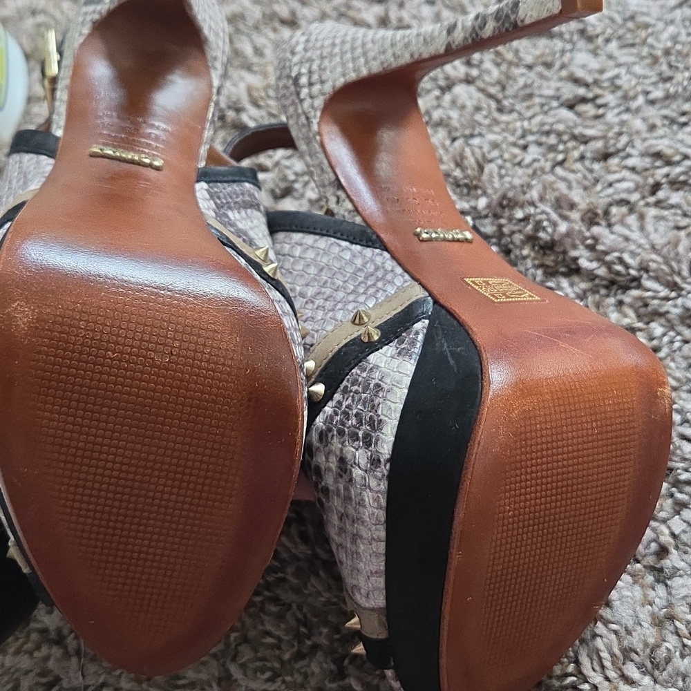 Schutz Snakeskin Studded Slingback Heels Sandals - Picture 3 of 6